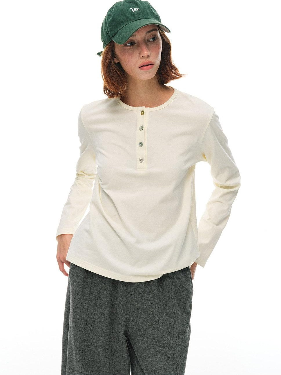 Country Moment Pure Cotton Breathable Henley Button Placket Women Citywalk Long Sleeve T-Shirts