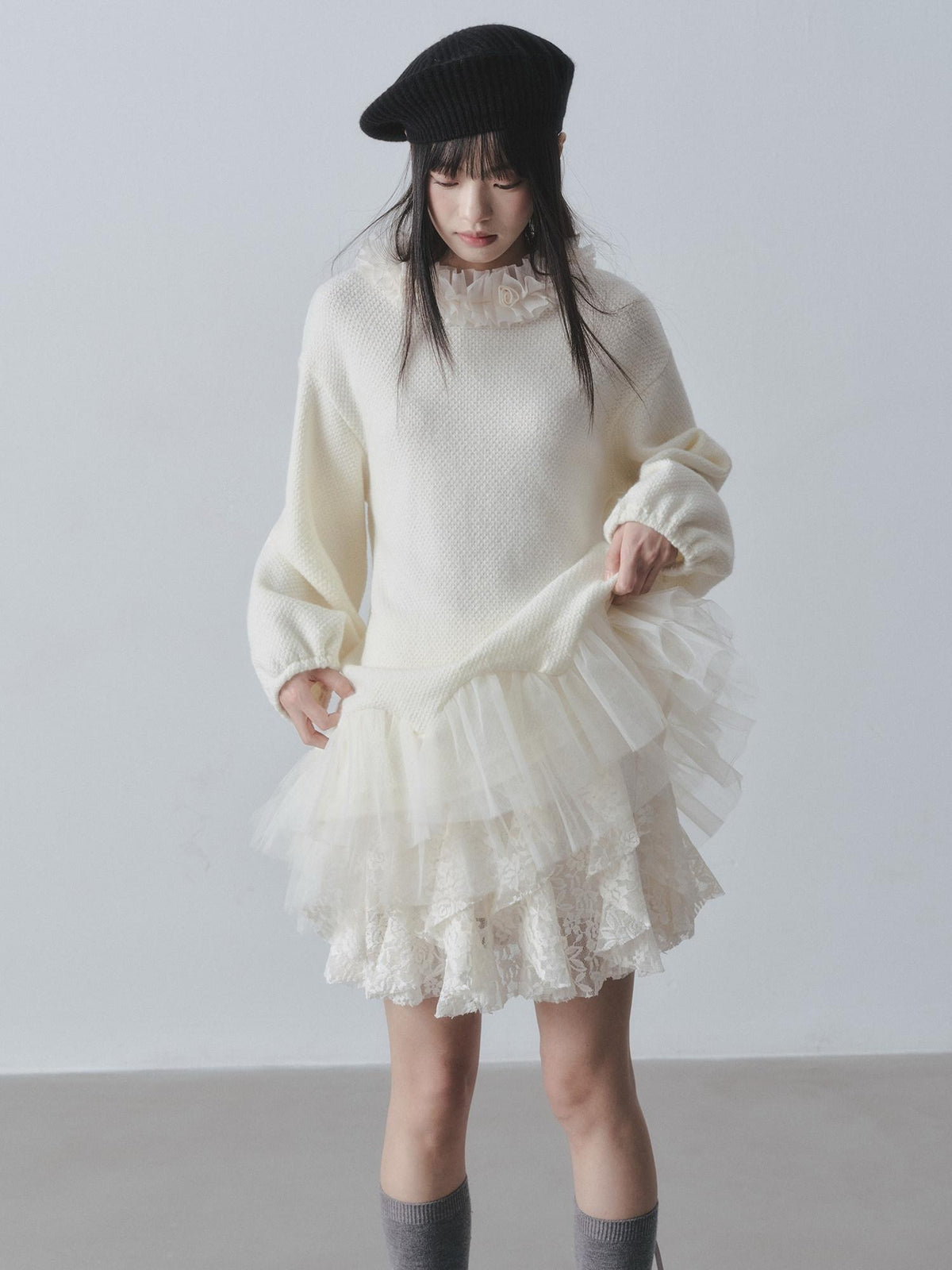 DDGIRL studio Sweet Soft Knit Tulle Panel A Line Long Sleeve Back Button Mini Dresses