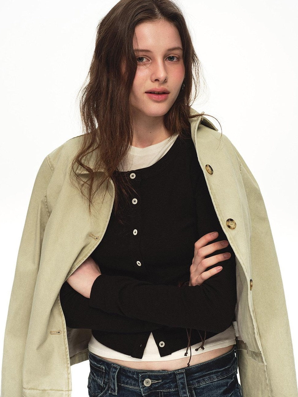 Country Moment Soft Cotton Blend Slim Cropped Round Neck Women Black Button Cardigans