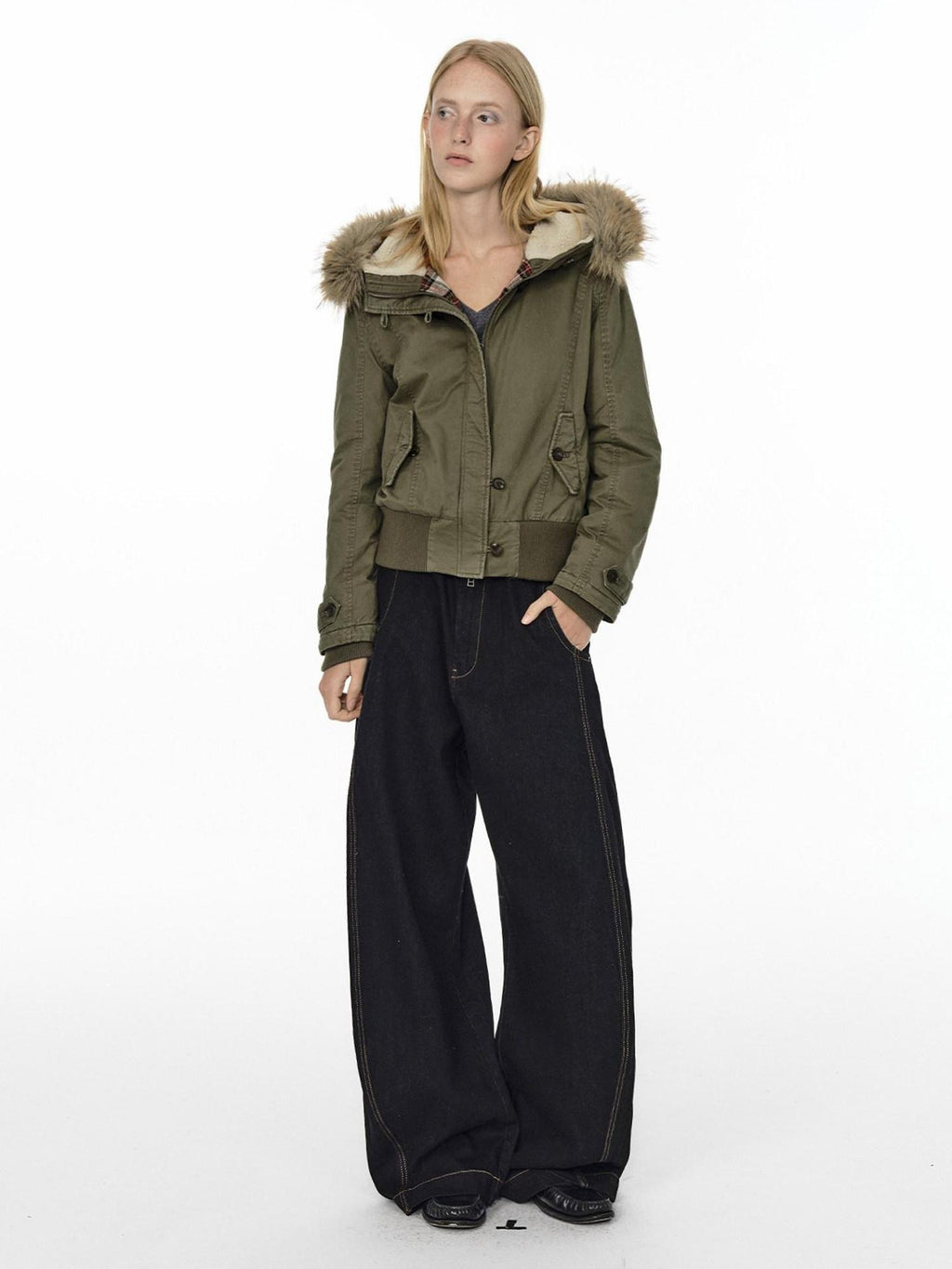 Country Moment Mid Rise Contrast Stitching Loose Fit Unisex Cotton Blend Black Wide Leg Jeans