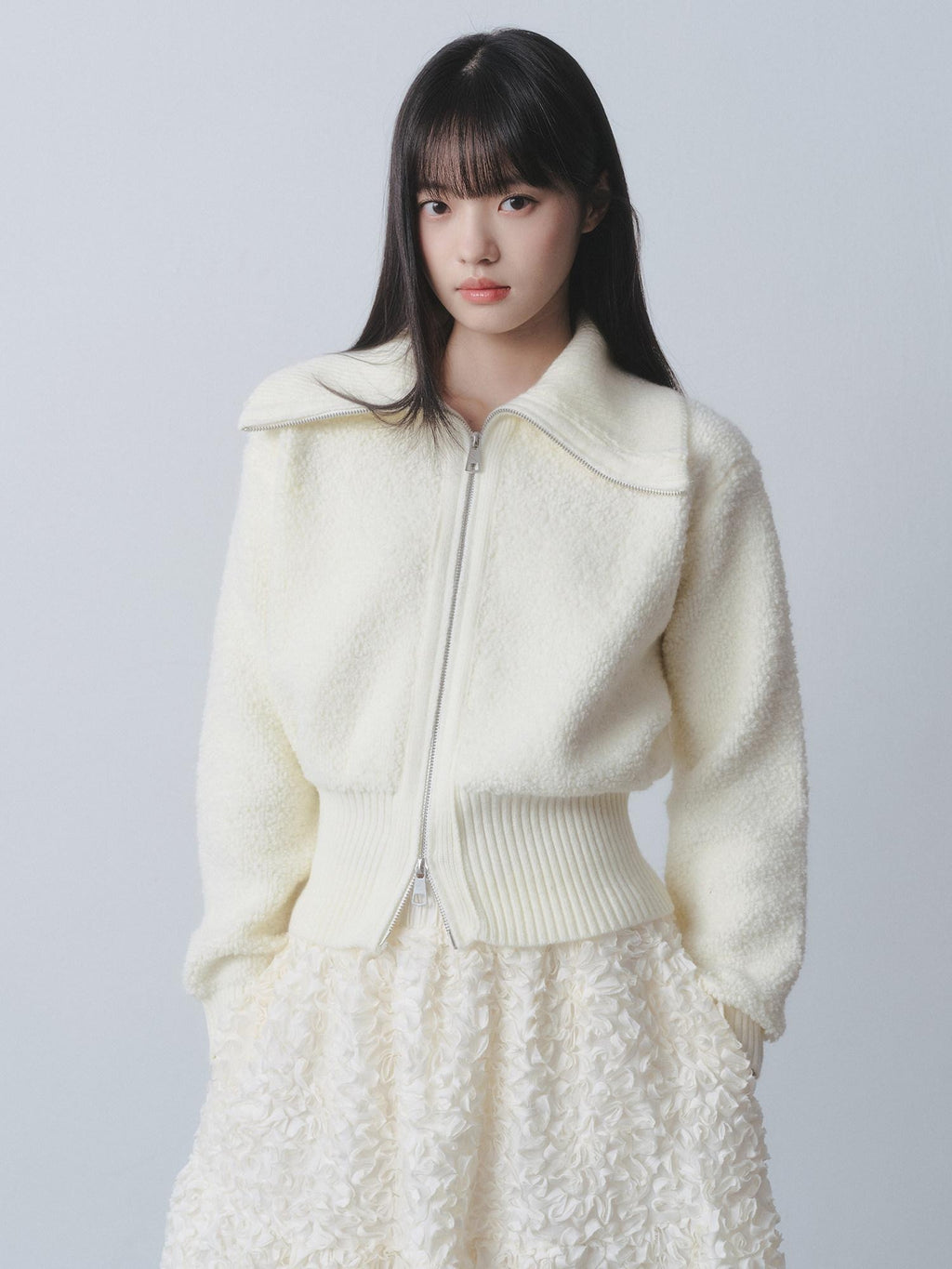 DDGIRL studio Cozy Warm Simple Daydream Waist Cinch Zip Cardigan Acrylic Blend Cream Sweaters