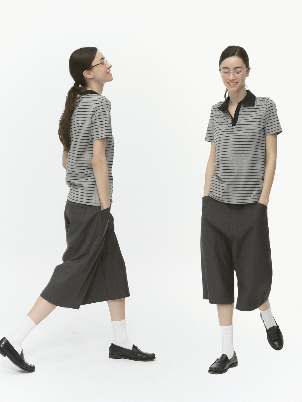 Country Moment Cotton Blend Patchwork Slim Polo Collar Striped Grey Short Sleeve T-Shirts