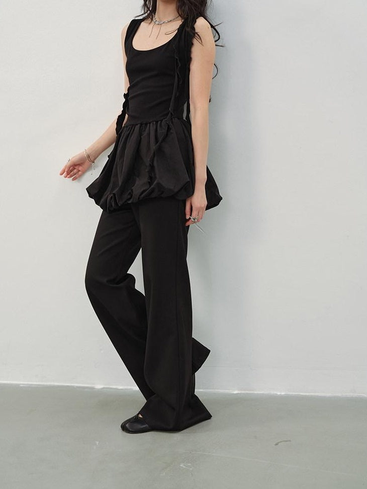 DDGIRL studio Slim Mid Rise Washed Black Micro Flare Zipper Casual Women Straight Pants