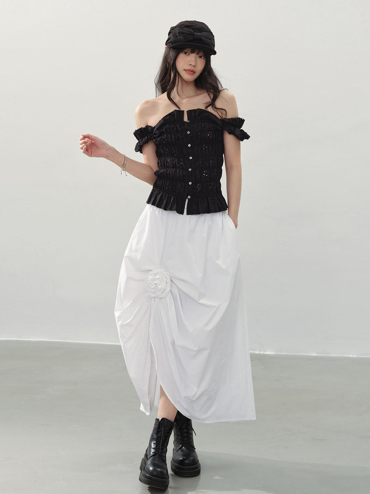 DDGIRL studio Durable Lined Cotton High Waist Asymmetric Floral Front Slit Midi Skirts
