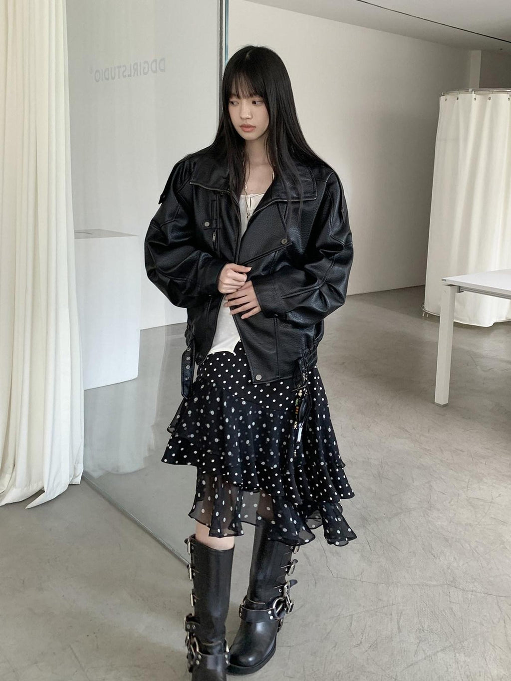 DDGIRL studio Shape Retaining Ruffle Hem High Waist Office Young Women Black Lined Midi Skirts