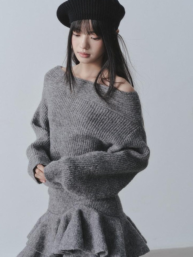 DDGIRL studio Cozy Knit Warm Girly Ruffle Bardot Neckline High Waist Grey Top & Skirt Sets
