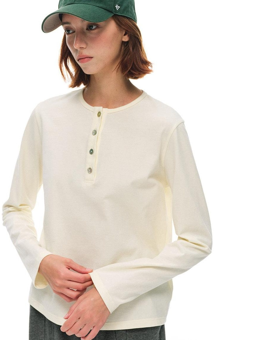 Country Moment Pure Cotton Breathable Henley Button Placket Women Citywalk Long Sleeve T-Shirts