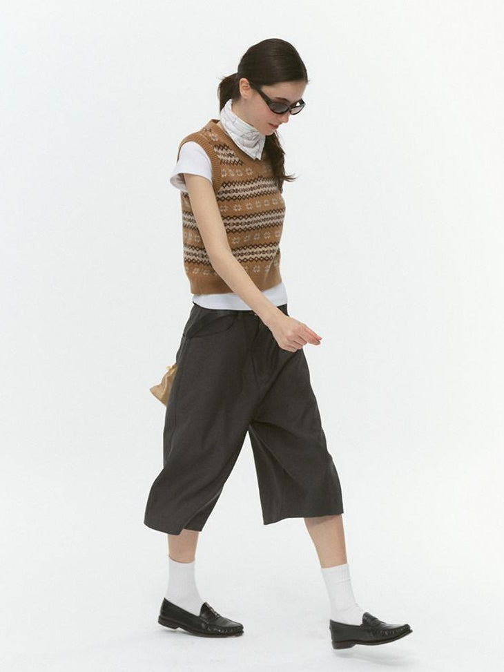 Country Moment Pure Wool V-neck Striped Vest Office Layering Buttonless Dusty Camel Sweaters