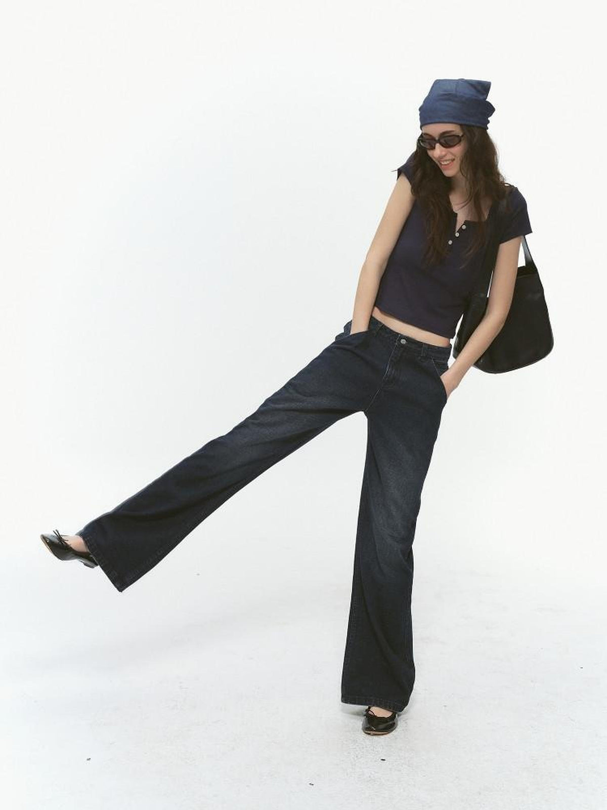 Country Moment Durable Washed Loose Fit Natural Waist Dark Blue Denim Straight Leg Jeans