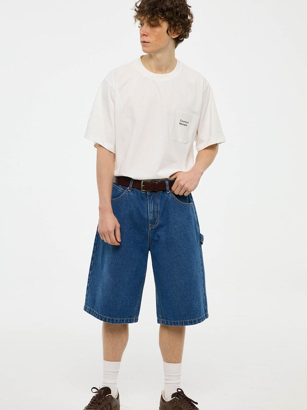 Country Moment Cotton Denim Mid High Waist Loose Straight Casual Zip Fly Mid-Length Shorts