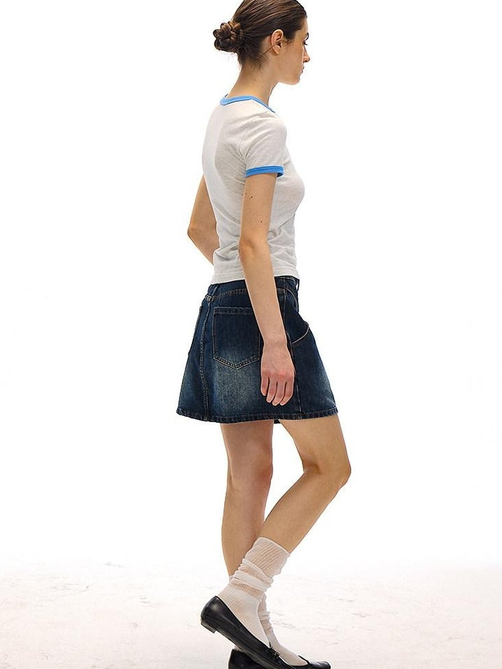 Country Moment Breathable Cotton Blend Vintage Office A Line Solid Blue Black Mini Skirts