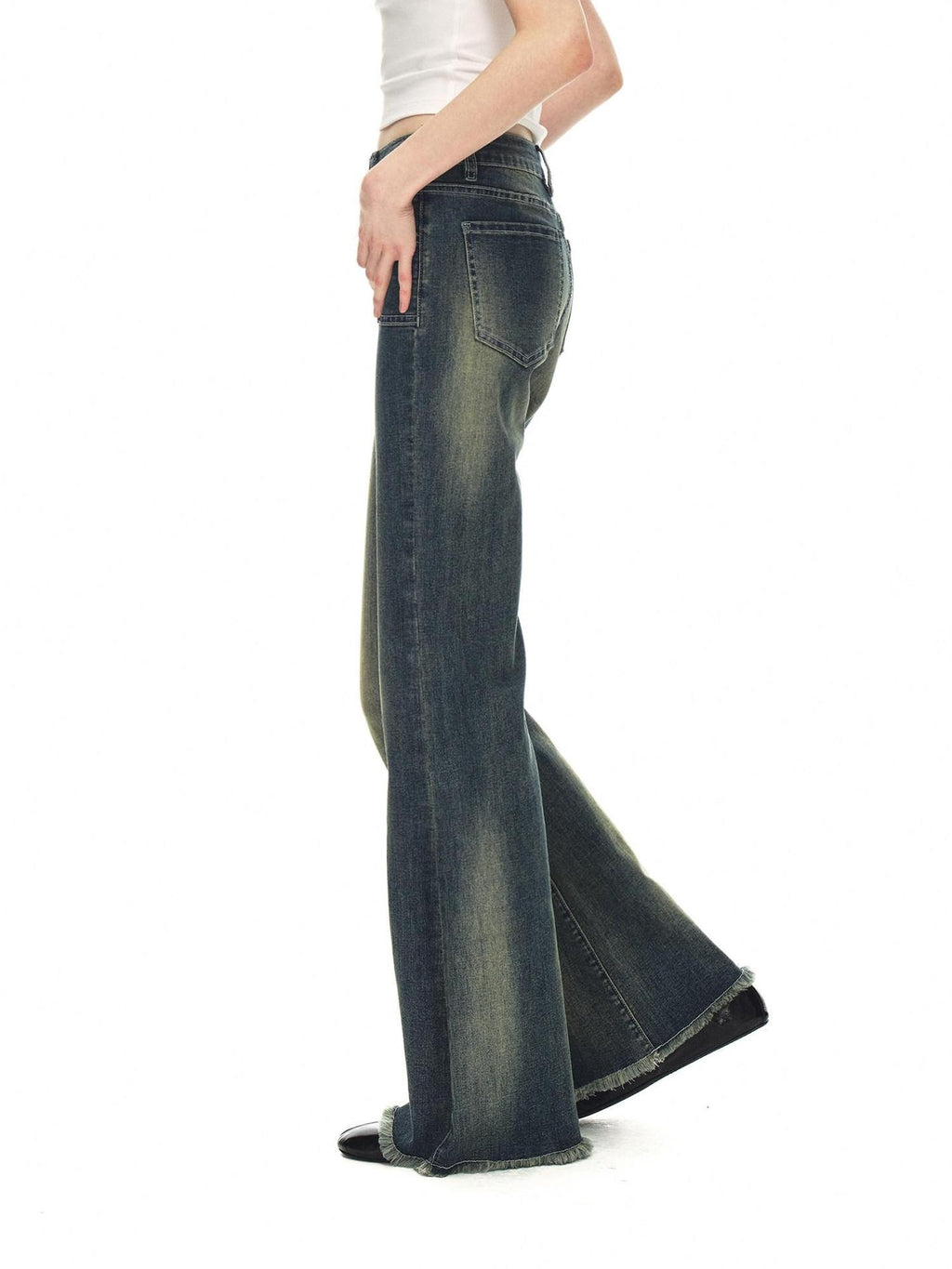 Country Moment Vintage Distressed Low Rise Retro Flare Women Daily Denim Blue Flared Jeans