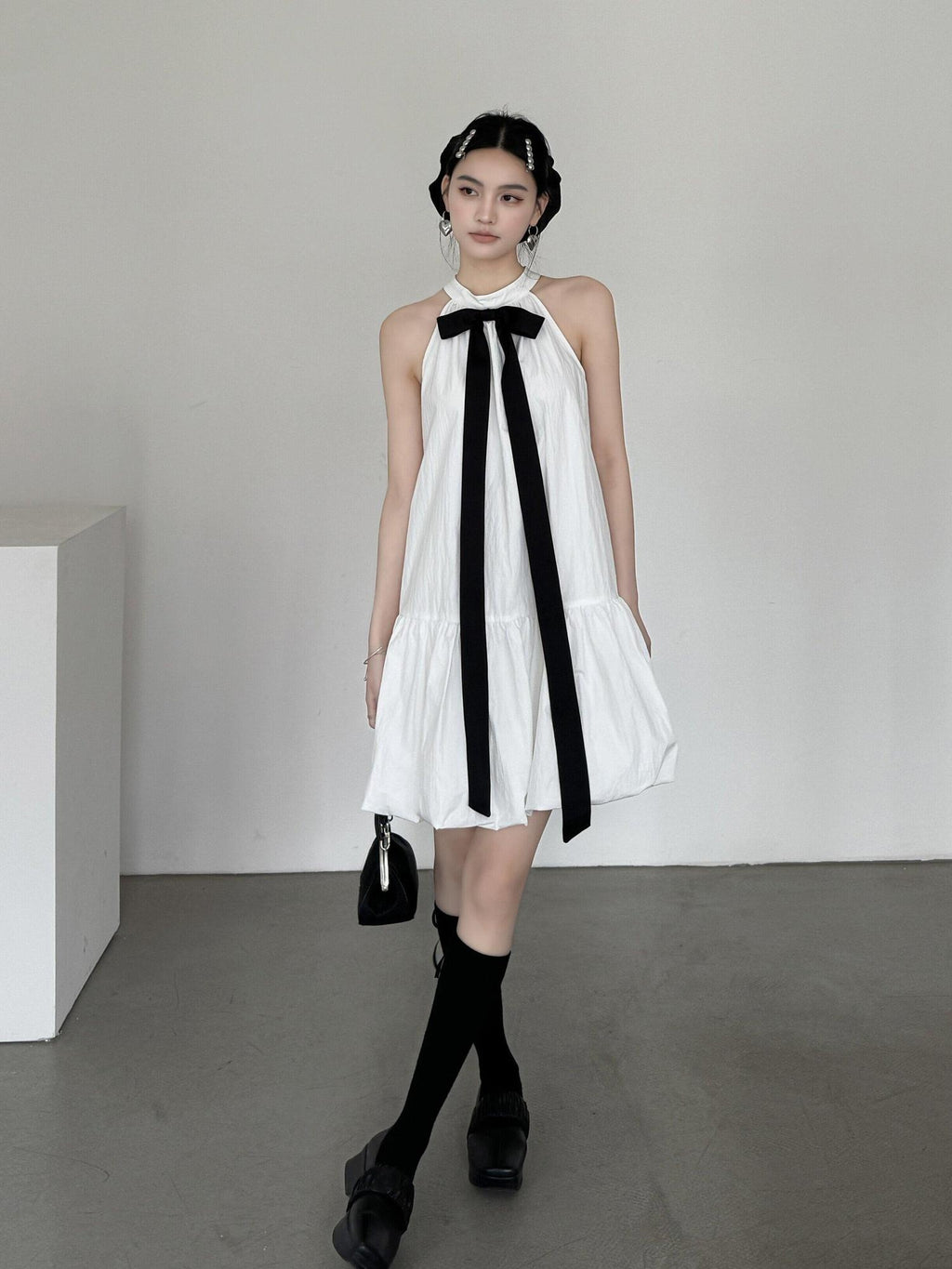 DDGIRL studio Soft Cotton Nylon Bow Sleeveless Aline Office Women Halter Back Zip Midi Dresses