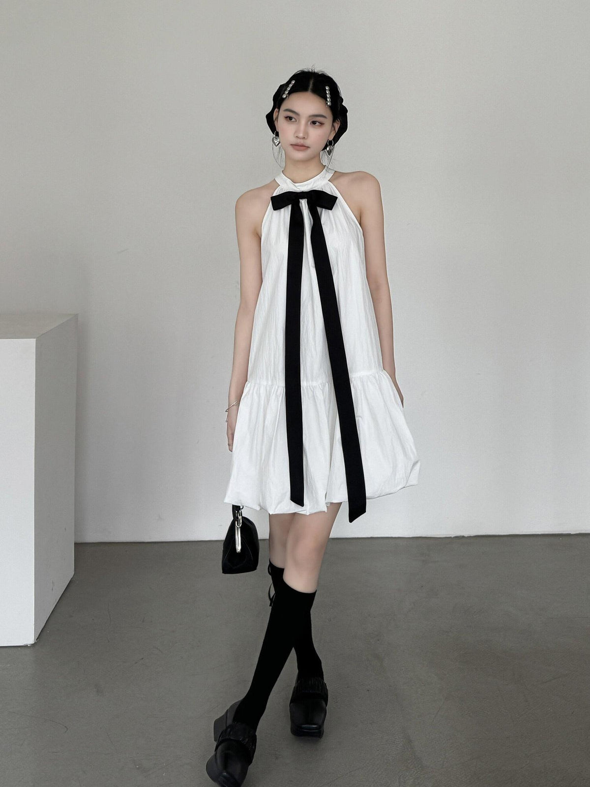 DDGIRL studio Soft Cotton Nylon Bow Sleeveless Aline Office Women Halter Back Zip Midi Dresses