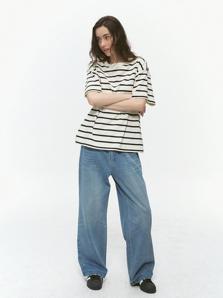 Country Moment Breathable Cotton Loose Fit Unisex Black White Striped Short Sleeve T-Shirts