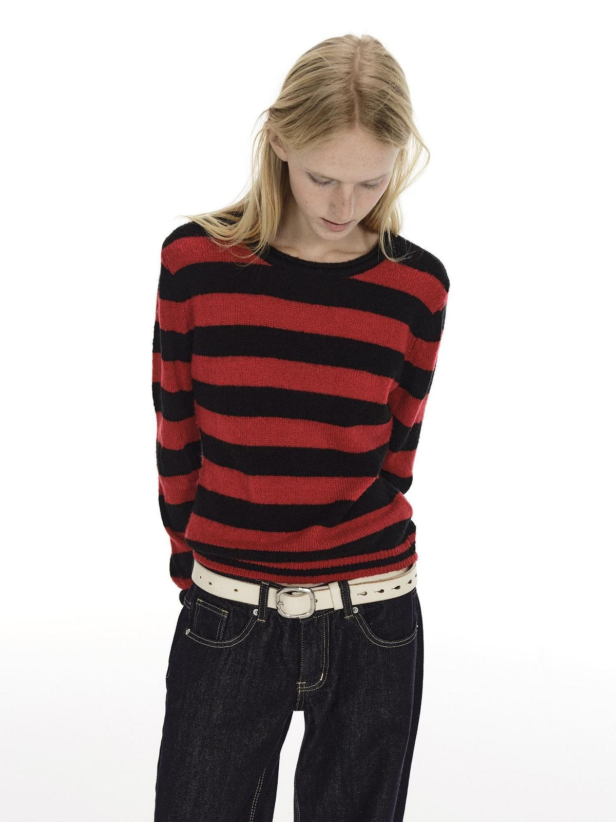 Country Moment Soft Wool Blend Knit Striped Crewneck Regular Fit Women Commuter Casual Sweaters
