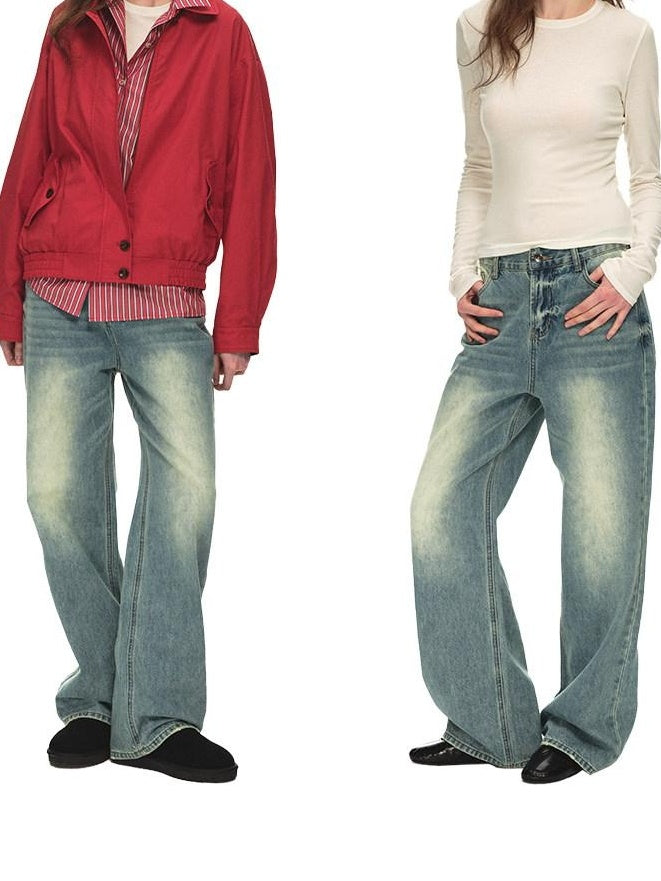 Country Moment Breathable Cotton Blend Gradient Wash Relaxed Mid Rise Unisex Wide Leg Jeans