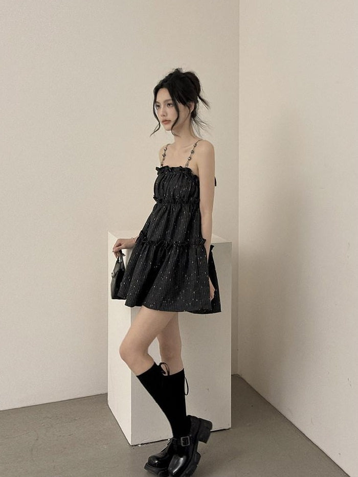 DDGIRL studio Shape Retain Strappy A Line Loose Waist Black Poly Wool Blend Mini Dresses