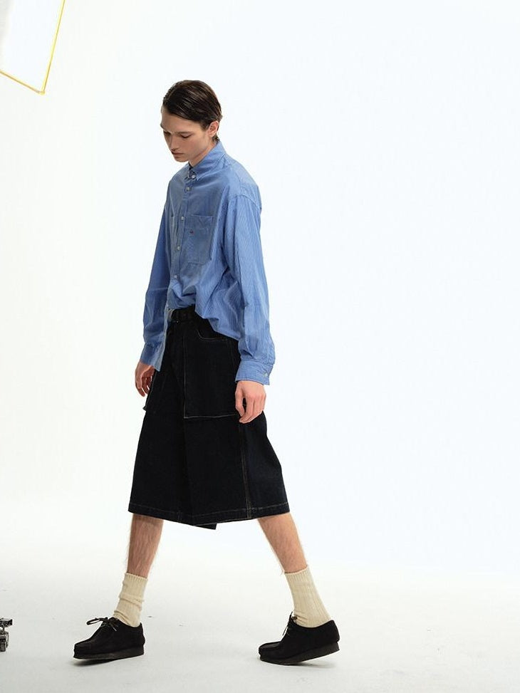 Country Moment Shape Retention Mid Rise Loose Straight Blue Denim Teen Cotton Mid-Length Shorts
