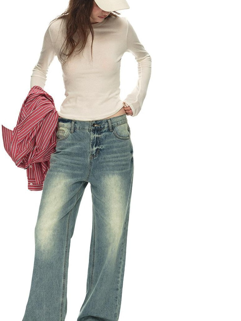 Country Moment Breathable Cotton Blend Gradient Wash Relaxed Mid Rise Unisex Wide Leg Jeans