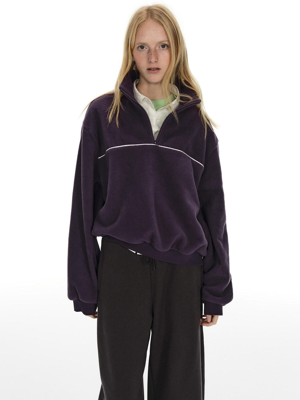 Country Moment Warm Fleece Short Zip Stand Collar Colorblock Loose Fit Unisex Purple Sweatshirt
