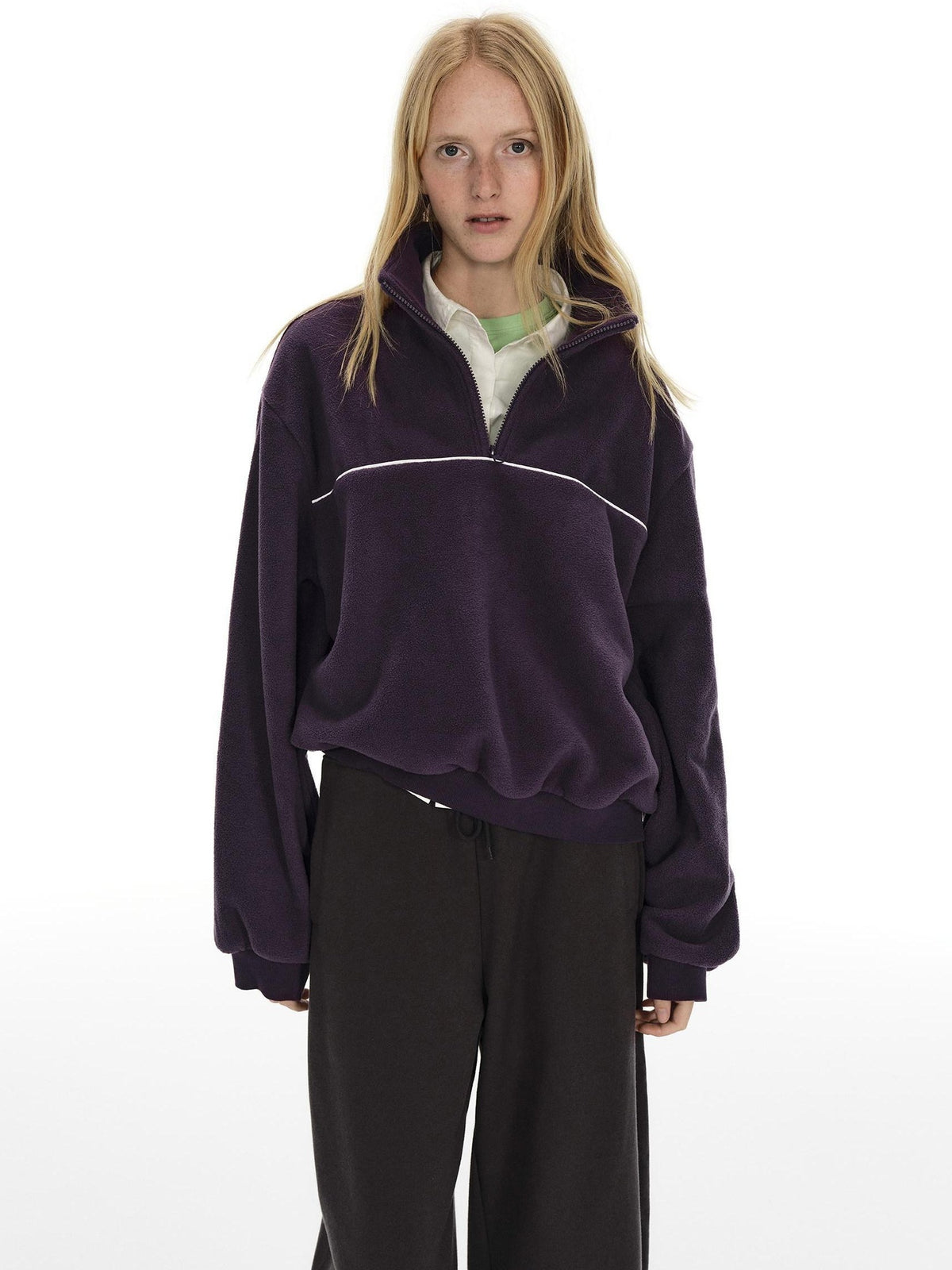 Country Moment Warm Fleece Short Zip Stand Collar Colorblock Loose Fit Unisex Purple Sweatshirt