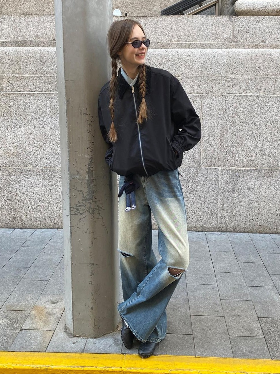 Country Moment Vintage Blue Stone Wash Ripped Mid Rise Loose Cotton Straight Leg Jeans