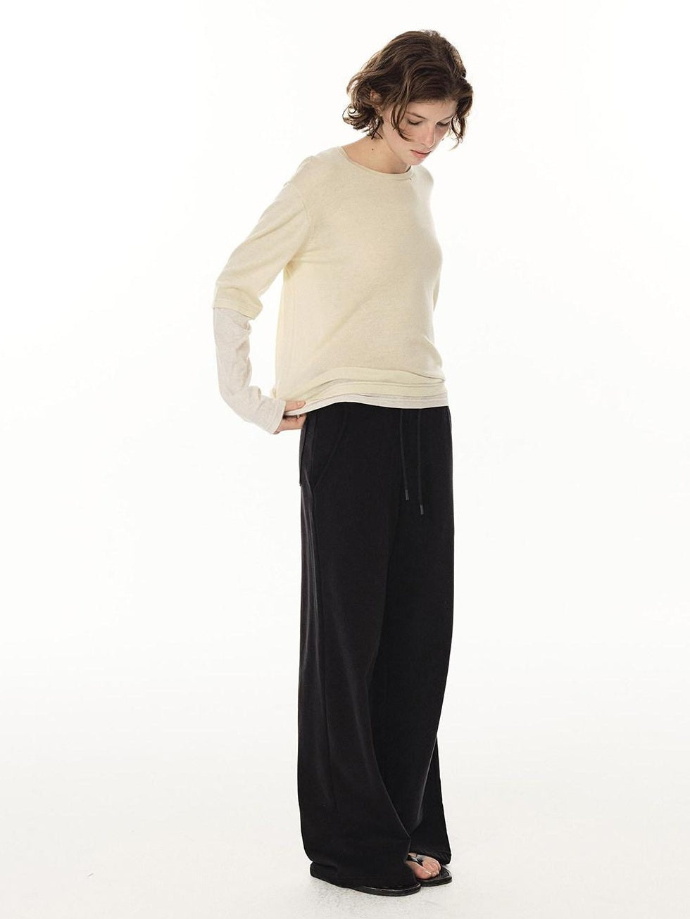 Country Moment Durable Cotton Mid Rise Straight Elastic Youth Casual Black Gray Wide Leg Pants
