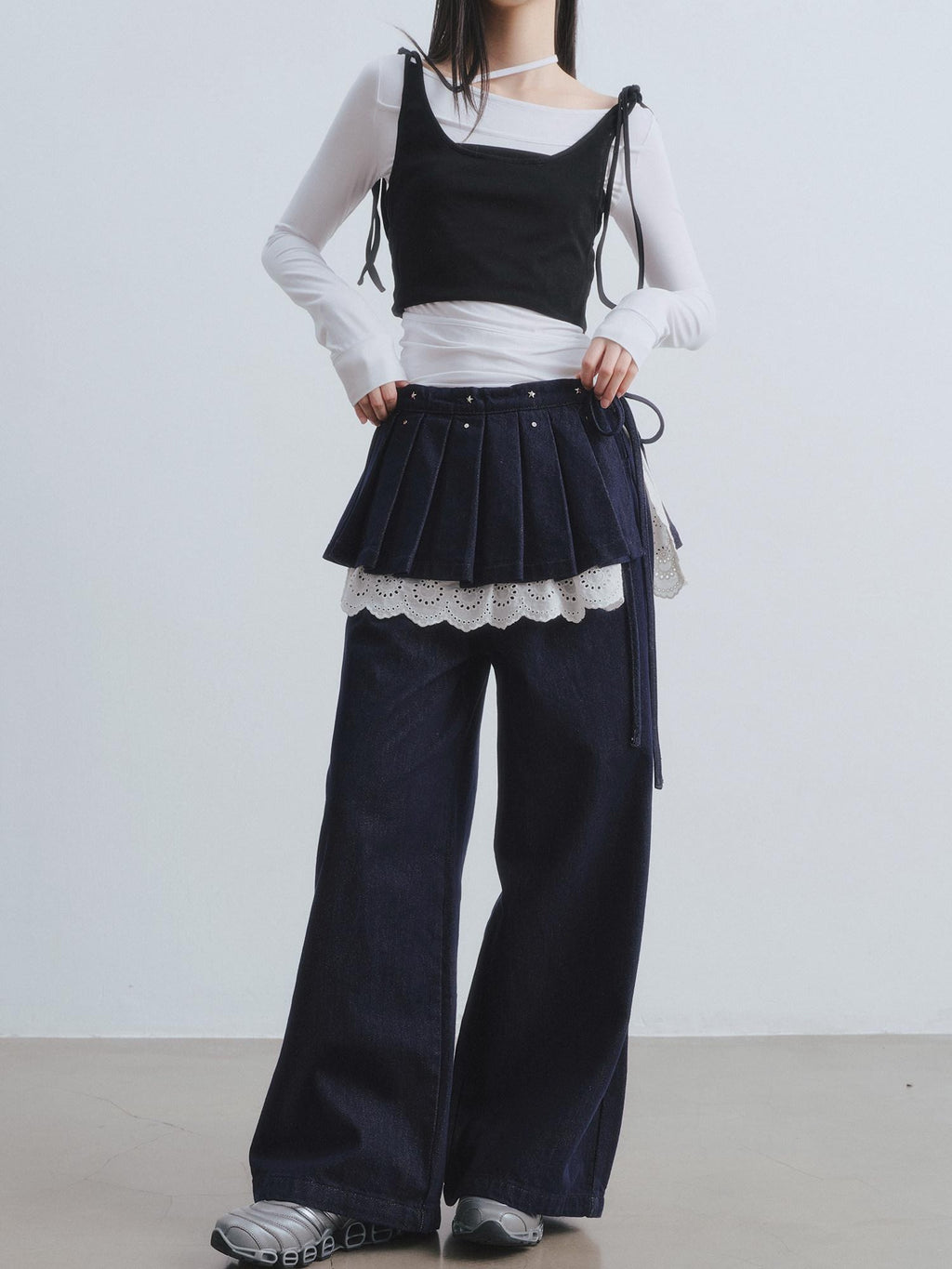 DDGIRL studio Washed High Waist Lace Trim Non Stretch Zip Fly Navy Comfort Wide Leg Jeans