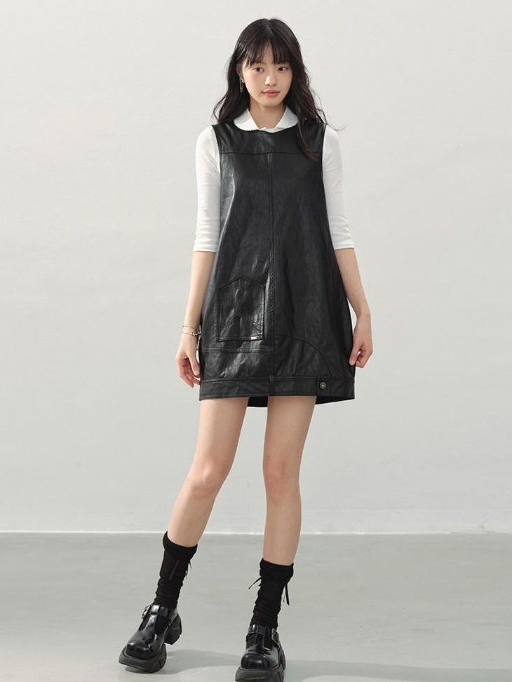 DDGIRL studio Soft Vintage Pu A Line Sleeveless Round Neck Loose Fit Black City Mini Dresses