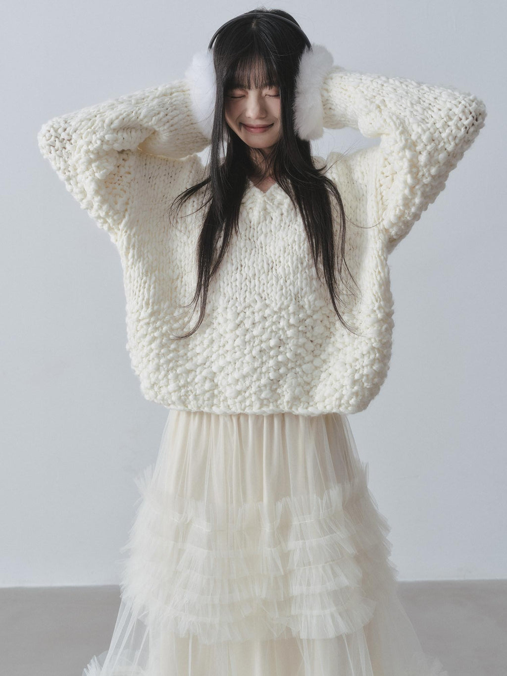 DDGIRL studio Cozy Soft Crochet V-neck Relaxed Oversized Women Campus Acrylic Wool Sweaters