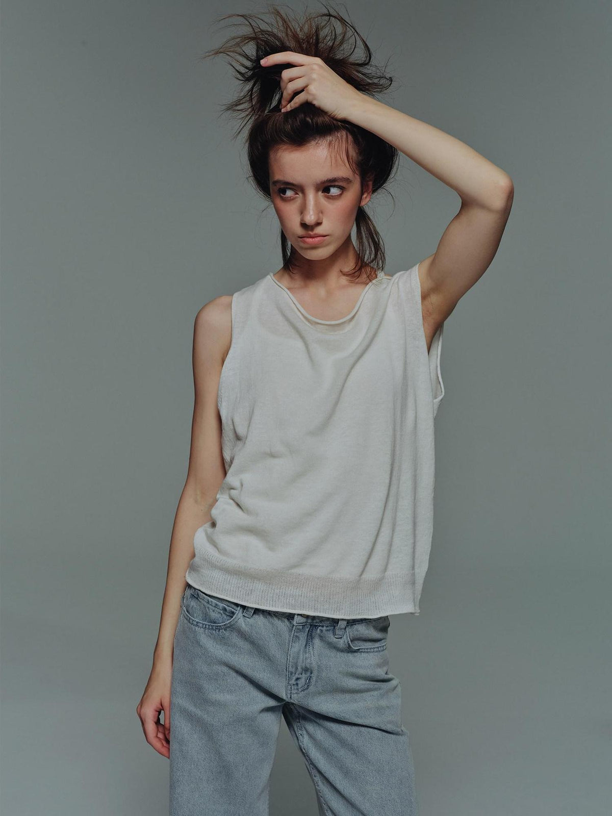 Country Moment Breathable Linen Blend Loose Asymmetric Neckline White Women Casual Tank Tops