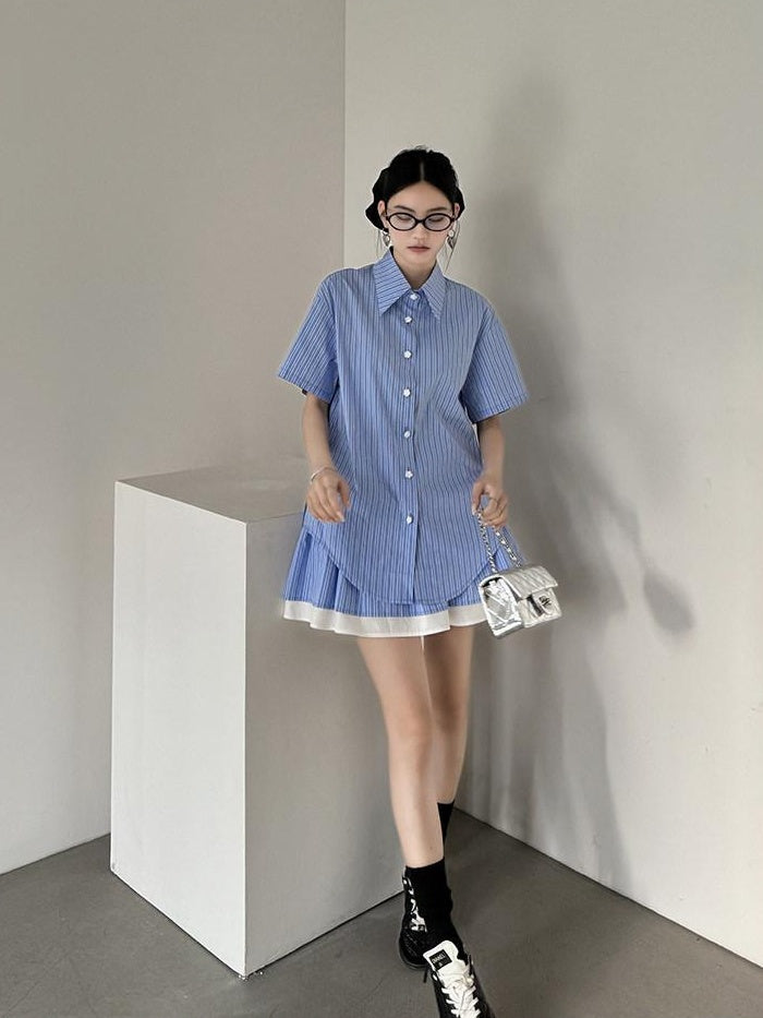 DDGIRL studio Breathable Relaxed Polo Short Sleeve Women Striped Blue Top & Skirt Sets