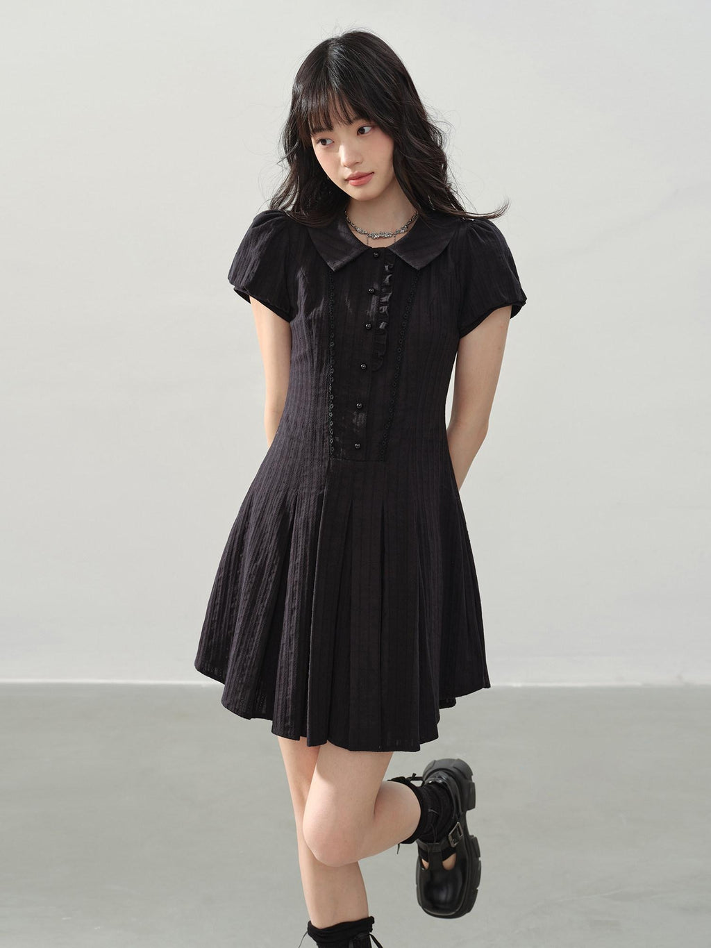 DDGIRL studio Sweet Cotton A Line Puff Sleeve Doll Collar Fitted Waist Midi Dresses