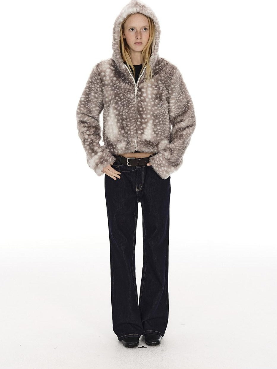 Country Moment Warm Fleece Lined Hooded Zip Polka Dot Casual Unisex Polyester Cropped Jackets