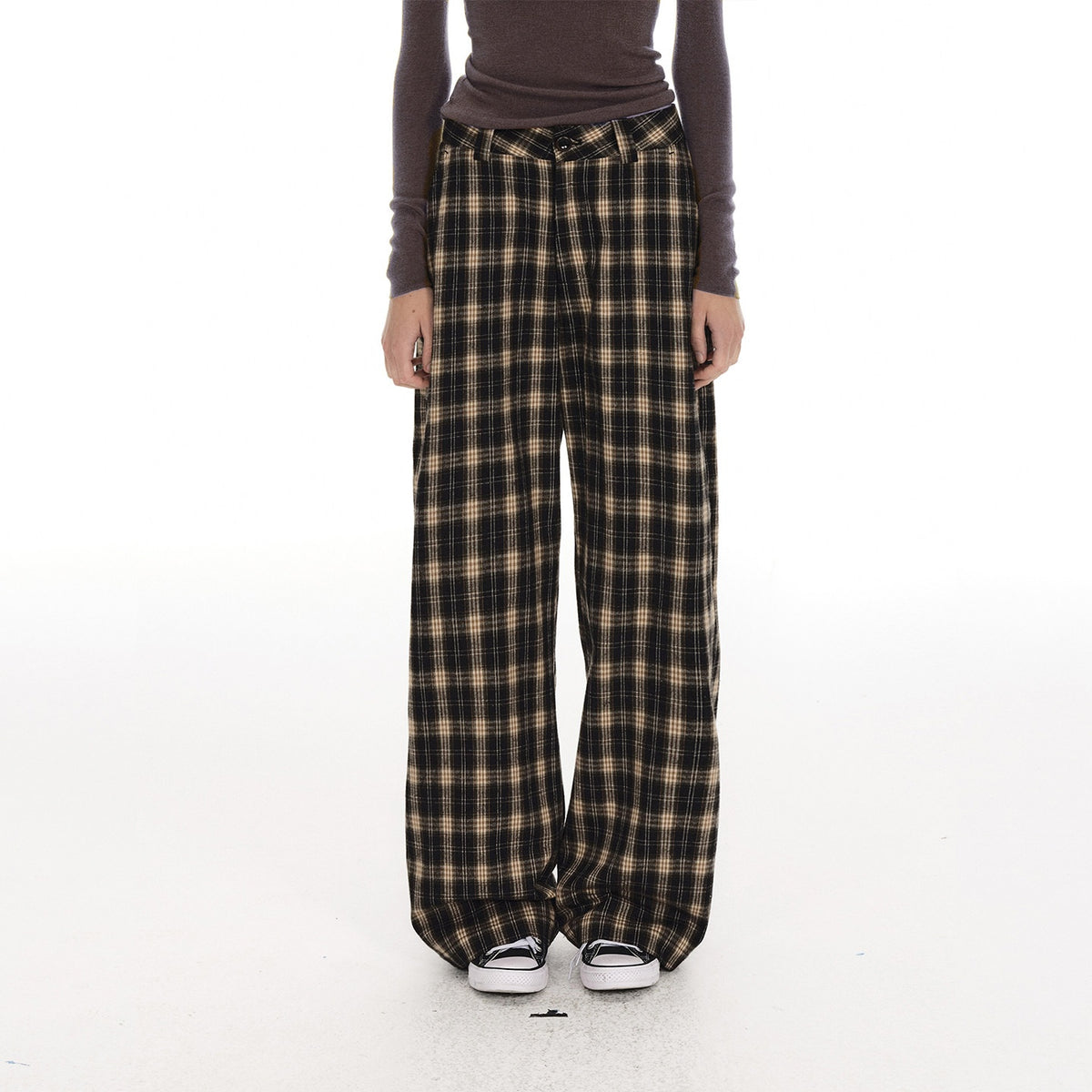 Country_Moment_100%_Cotton_Vintage_Wide_Leg_Black_Brown_Plaid_Natural_Waist_Straight_Pants_MISSTT