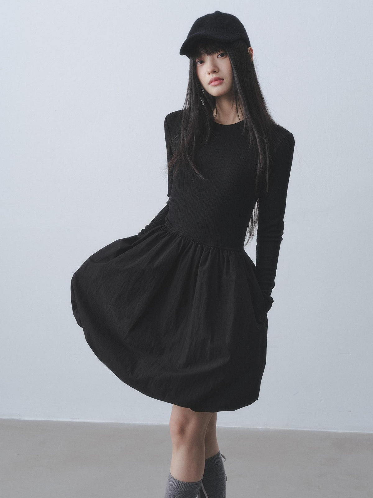 DDGIRL studio Soft Breathable Cotton Blend Waist Cinched Faux Two Piece A Line Midi Dresses
