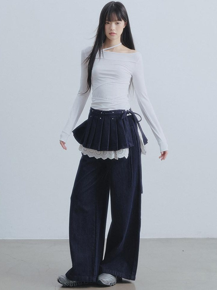DDGIRL studio Washed High Waist Lace Trim Non Stretch Zip Fly Navy Comfort Wide Leg Jeans
