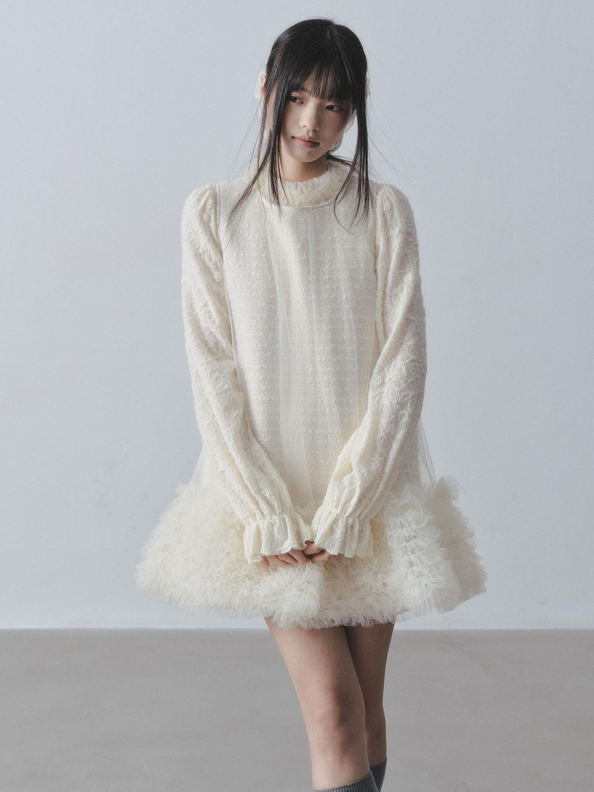 DDGIRL studio Ultra Soft Knit Petal Sleeve Pullover Office Casual Off White Mini Dresses