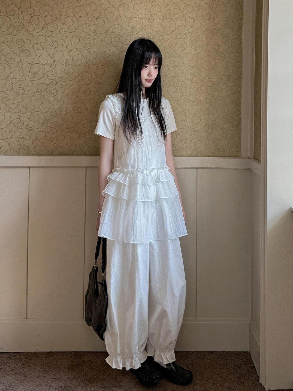 DDGIRL studio Original High Waist Drawstring Washed Cotton Nylon Lantern White Wide Leg Pants