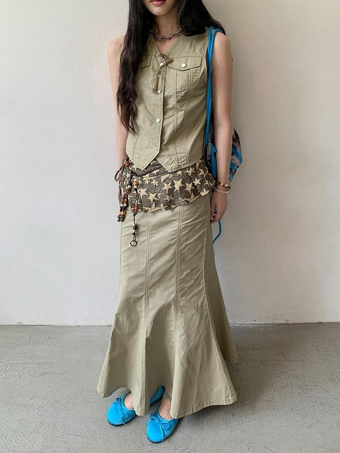 DDGIRL studio High Waist Cotton Fishtail Slim Casual Khaki Women Outdoor Maxi Skirts