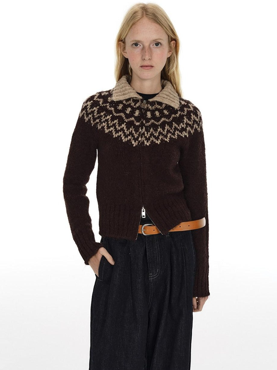 Country Moment Soft Wool Blend Thermal Slim Jacquard Zip Front Unisex Brown Cardigans