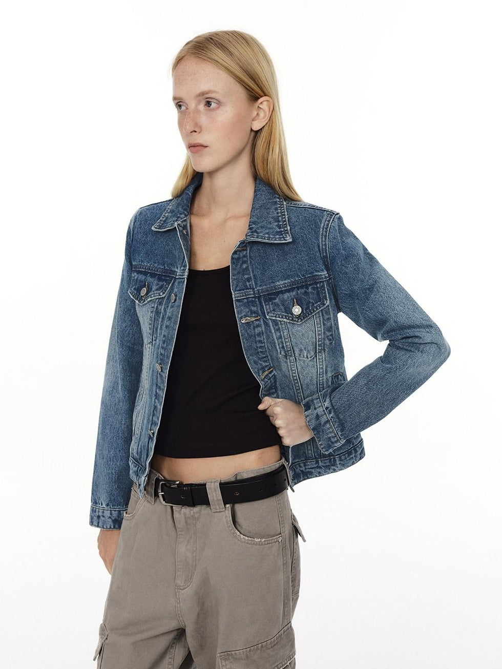 Country Moment Durable Gradient Washed Button Detail Vintage Slim Cropped Unisex Denim Jackets
