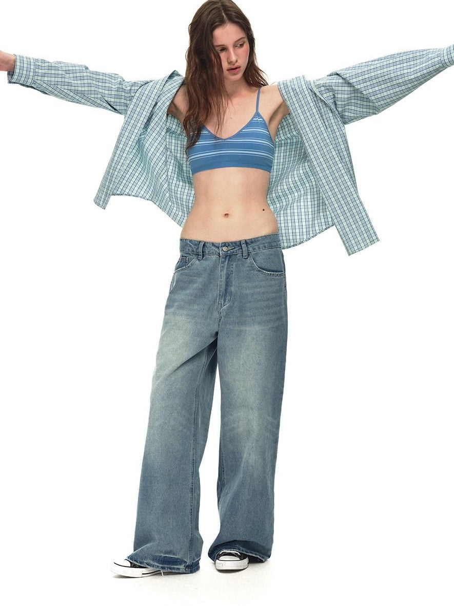 Country Moment Soft Breathable Mid Rise Stone Wash Loose Casual Unisex Denim Blue Wide Leg Jeans