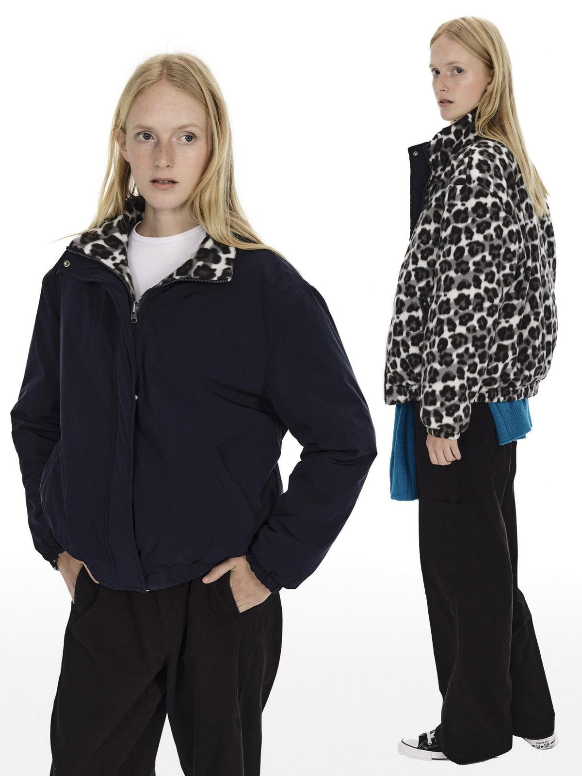 Country Moment Reversible Cotton Lined Oversized Stand Collar Youth Navy Puffer Jackets