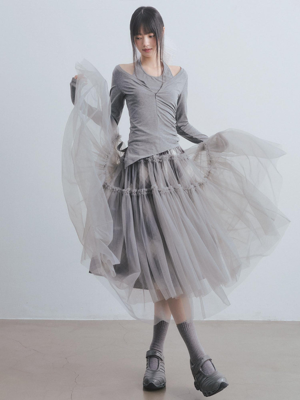 DDGIRL studio Non Deforming High Waist Mesh Patchwork Pleated Lined Women Gray Midi Skirts