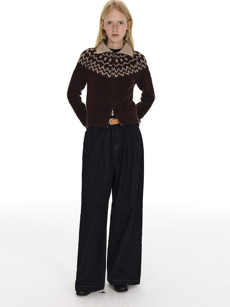 Country Moment Soft Wool Blend Thermal Slim Jacquard Zip Front Unisex Brown Cardigans