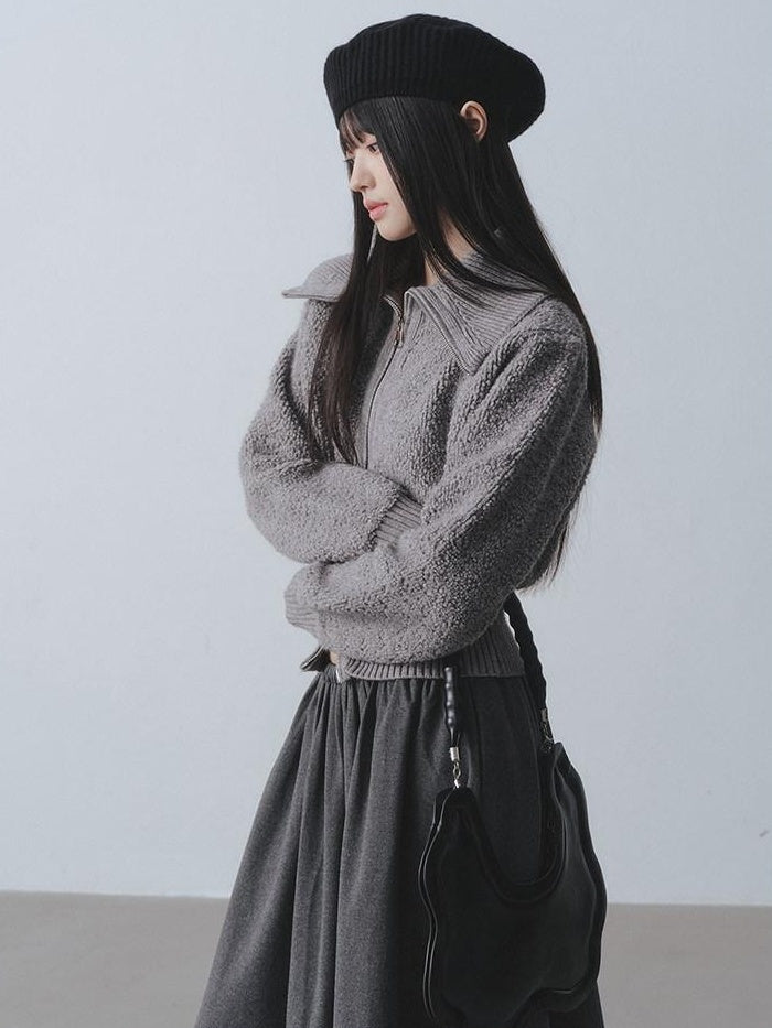DDGIRL studio Cozy Warm Simple Daydream Waist Cinch Zip Cardigan Acrylic Blend Cream Sweaters