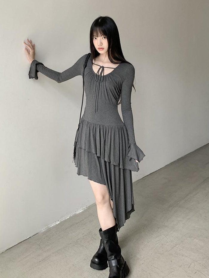 DDGIRL studio Soft Stretch Lyocell Asymmetric Cinched Waist U Neck Commuter Midi Dresses