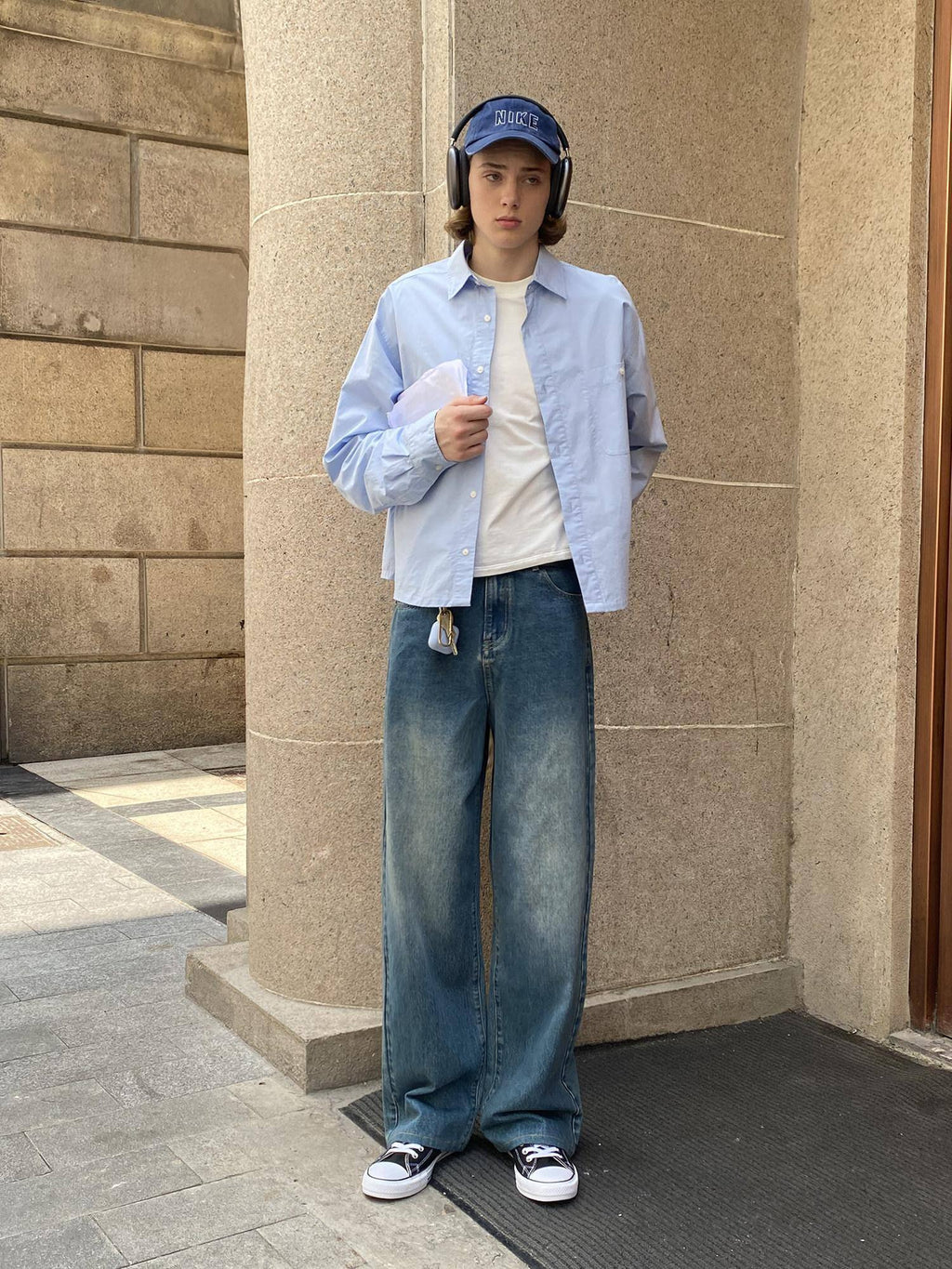 Country Moment Breathable Cotton Retro Washed Mid Rise Relaxed Mens Deep Blue Wide Leg Jeans